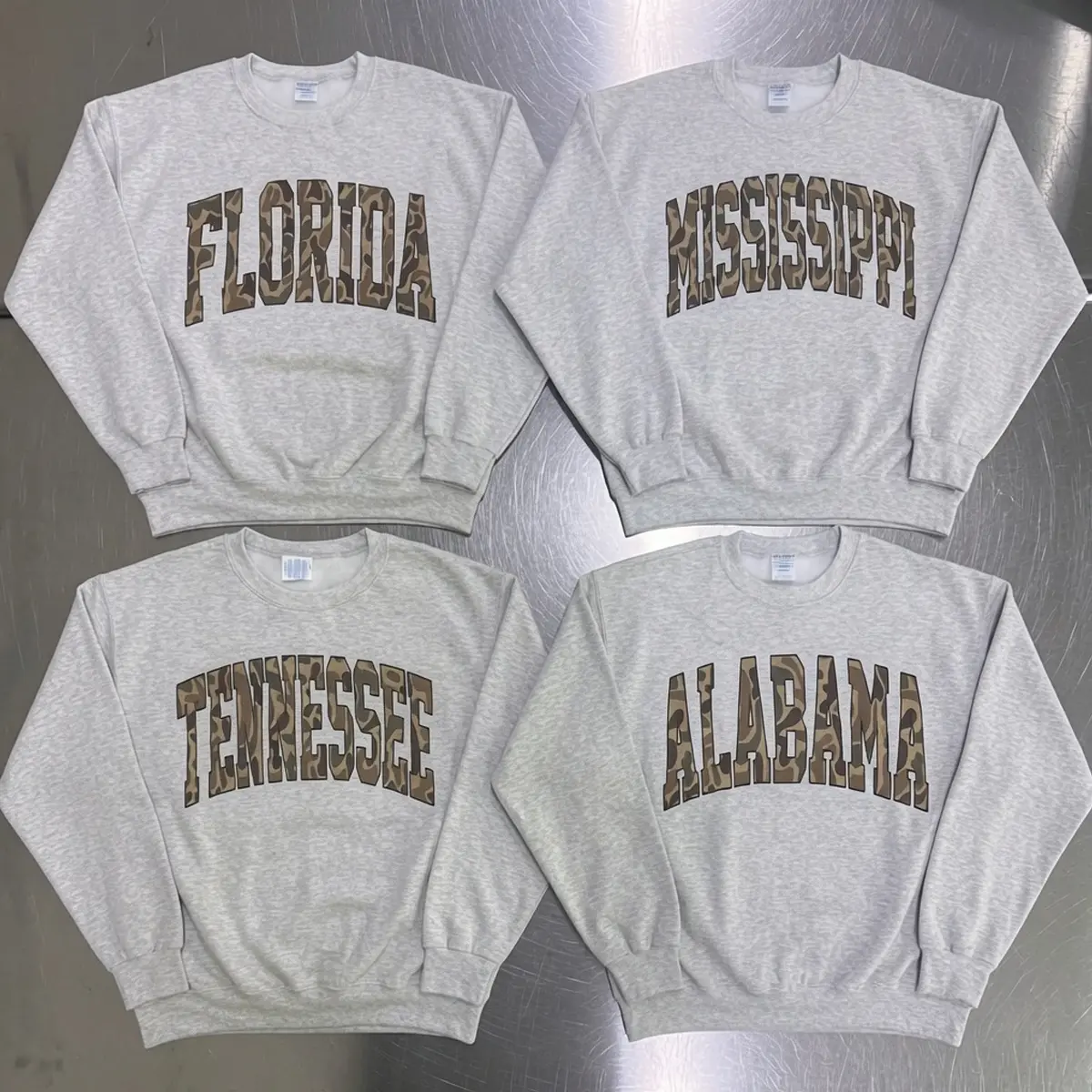 Duck Camo State College Varsity Name Pullover Camouflage Sweatshirts Collage Unisex Heavy Blend Crewneck Sweatshirt, Florida Mississippi Tennessee Alabama Shirt