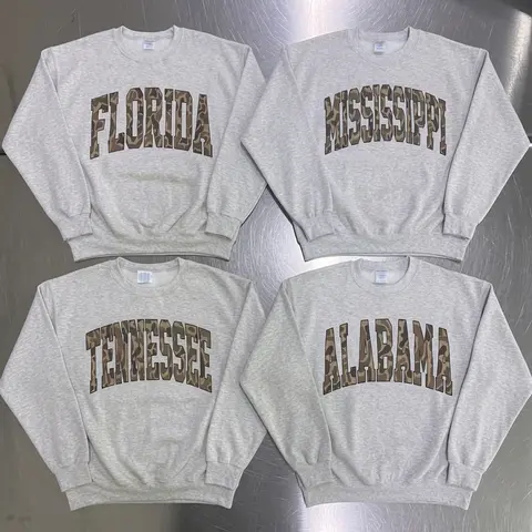 Duck Camo State College Varsity Name Pullover Camouflage Sweatshirts Collage Unisex Heavy Blend Crewneck Sweatshirt, Florida Mississippi Tennessee Alabama Shirt