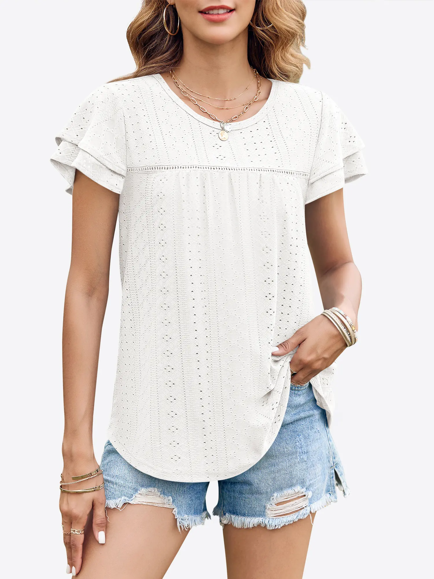 Women's Summer Tops Crewneck Eyelet Ruffle Short Sleeve Blouses Casual Babydoll Shirts 2025 S-2XL Lightweight Soft Knitted Fabric Trendy Babydoll Style Round Neck Black