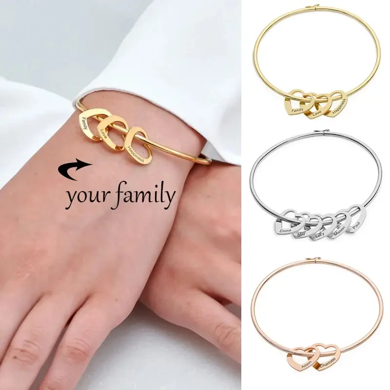 Customized Heart Charm Bracelet Engraved Names Stainless Steel Bracelets for Women Personalized Gift Ideas