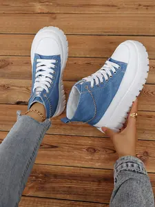 Classic Design Metal Chain Decorative Jeans High Top Thick Sole Platform Shoes, Height Boost Slimming Versatile Casual Sneakers, Street Style Anti-Slip Durable Zigzag Bottom Lace-Up Short Boots for Women