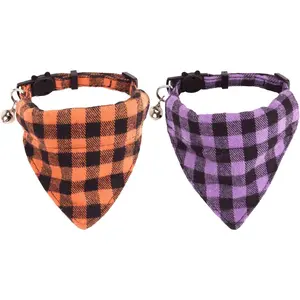 Halloween Cat Collars Breakaway with Removable Bandana, 2 Pack Adjustable Fall Thanksgiving Kitten Collar Orange Purple Plaid Holiday Bandana Collar for Cats Kittens