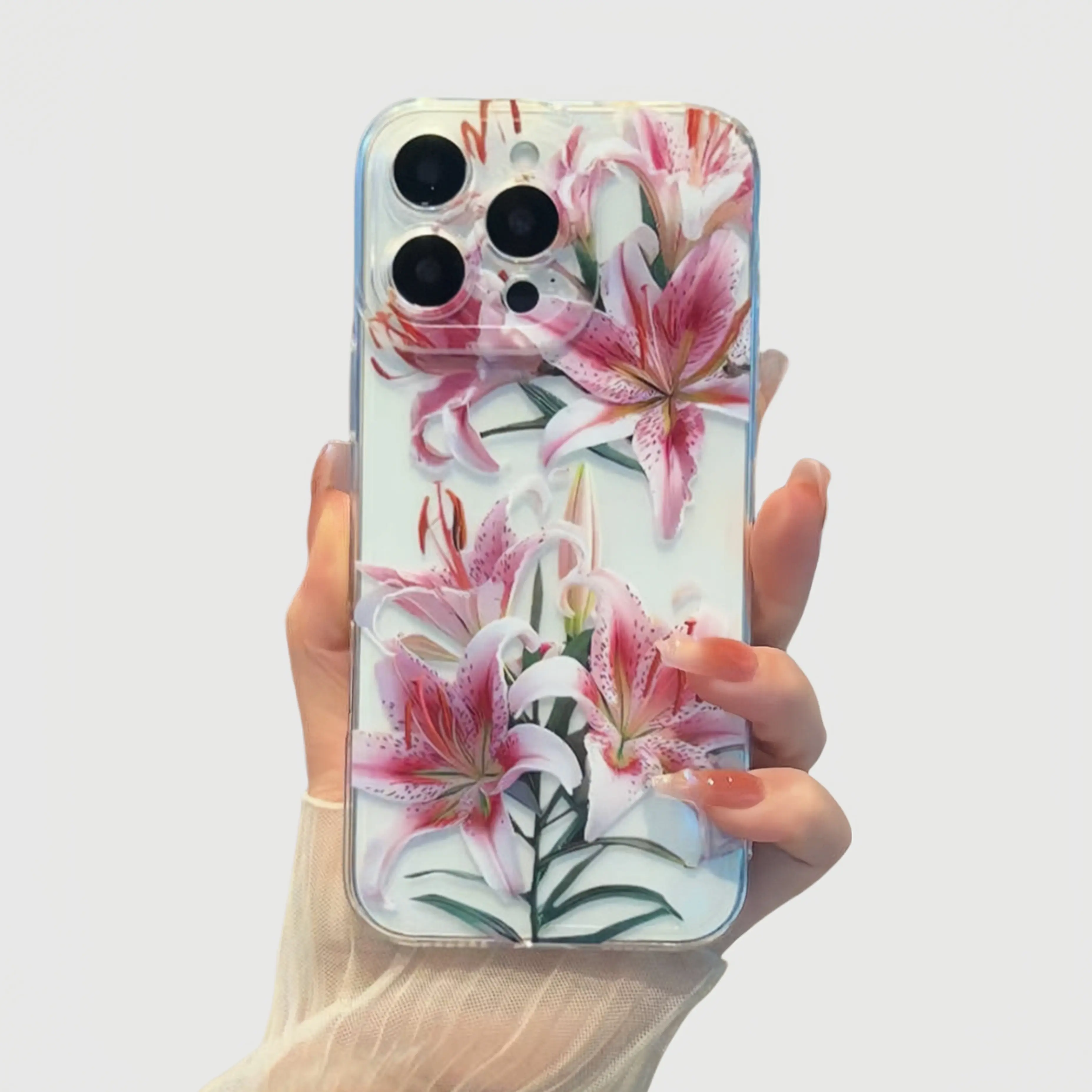 Pink lily pattern TPU mobile phone case, foriPhone 15 16 14 Pro Max 13 12 11 XR XS Plus Non-YellowingClear Crystal Drop-proof Protection SlimSiliconeCover Cellphone Protective Transparent mobile phone case