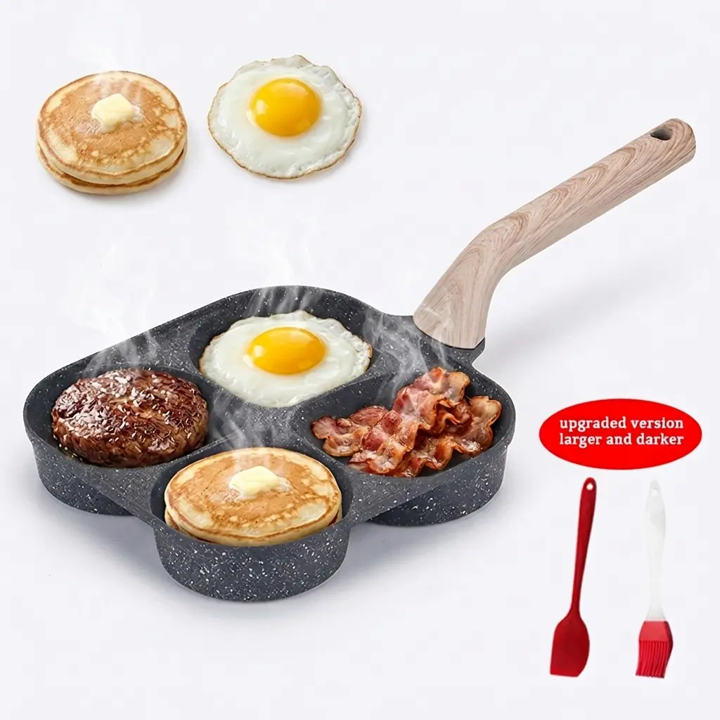 Nonstick 4-in-1 4-Hole Breakfast Pan with Die-Casting Aluminium Body, Extended Base Design, Silicone Strips & Tempered Glass Lid - Fast-Heating, Durable, Easy-to-Clean, Space-Saving, Eco-Friendly Cookware for Frying Eggs, Burgers