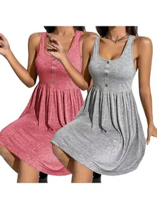 Plus Size Fake Buttons Scoop Neck Tank Dress, Summer Clothes Women Casual Plain Sleeveless A Line Dress for Summer, Summer Outfits 2024, Women's Clothes for Daily Wear