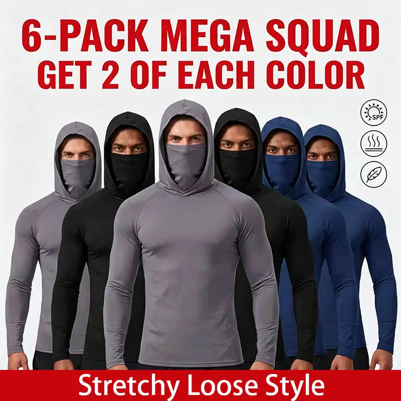 6-Pack Men's Sun Protection Hoodie Shirt with Face Mask, Quick Dry Lightweight Long Sleeve Activewear, UPF 50+ Athletic Compression Top for Gym Fishing