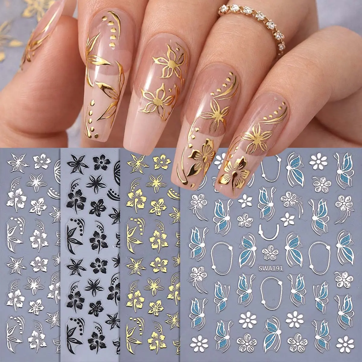 4 Sheets Set Hibiscus Flower 3D Matte Finish Nail Art Stickers, Spring Butterfly Floral Bloom DIY Self-Adhesive Decals, Elegant Design Nail Decorations, Nail Art Designs, Diy Nails Art, Nail Decoration Supplies, Nail Art Products