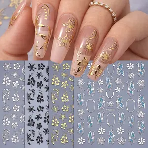 4 Sheets Set Hibiscus Flower 3D Nail Art Stickers, Spring Butterfly Floral Bloom DIY Self-Adhesive Decals, Elegant Design Nail Decorations