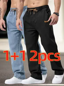 Men's Drawstring Elastic Waist Washed Straight Leg Jeans, & Blue, 2 Piece Set, Casual Daily Wear, All Seasons