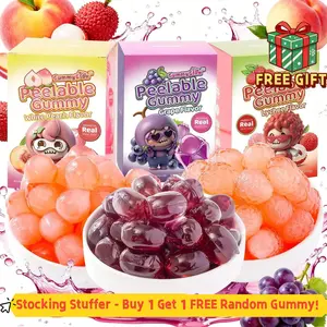 【Love in every peel】GummyGlow Peelable Candy Real Fruit Juice Lychee Grape Peach Gluten-Free Snack for Party & Sharing Sweet Juicy Chewy45 pieces/box
