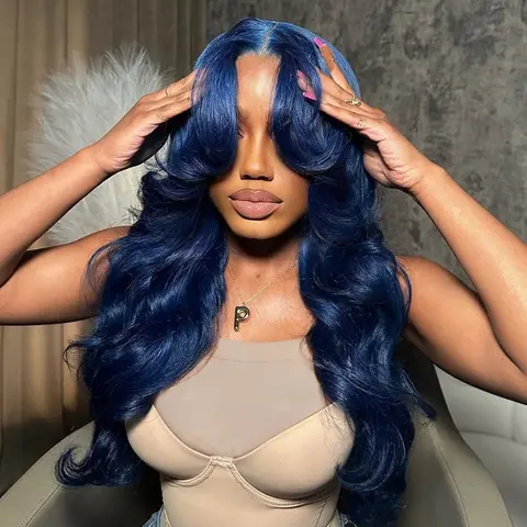HANA HAIR Women's 12A Brazilian Dark Blue Body Wave Frontal Lace Wig, 13x4 Lace Front, 21-23.5 Inches, Pre-Plucked with Baby Hair, 200% Density, Bleach Knots, Ideal for Weddings