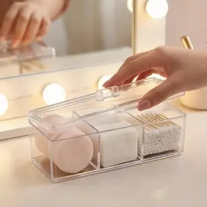 3 Compartment Clear Makeup Organizer with Lid Acrylic Cotton Pad Holder Q-tip Dispenser Cosmetic Storage Box Dustproof Vanity Bathroom Organization Aesthetic Skincare Case Desk Storage Essentials Gift