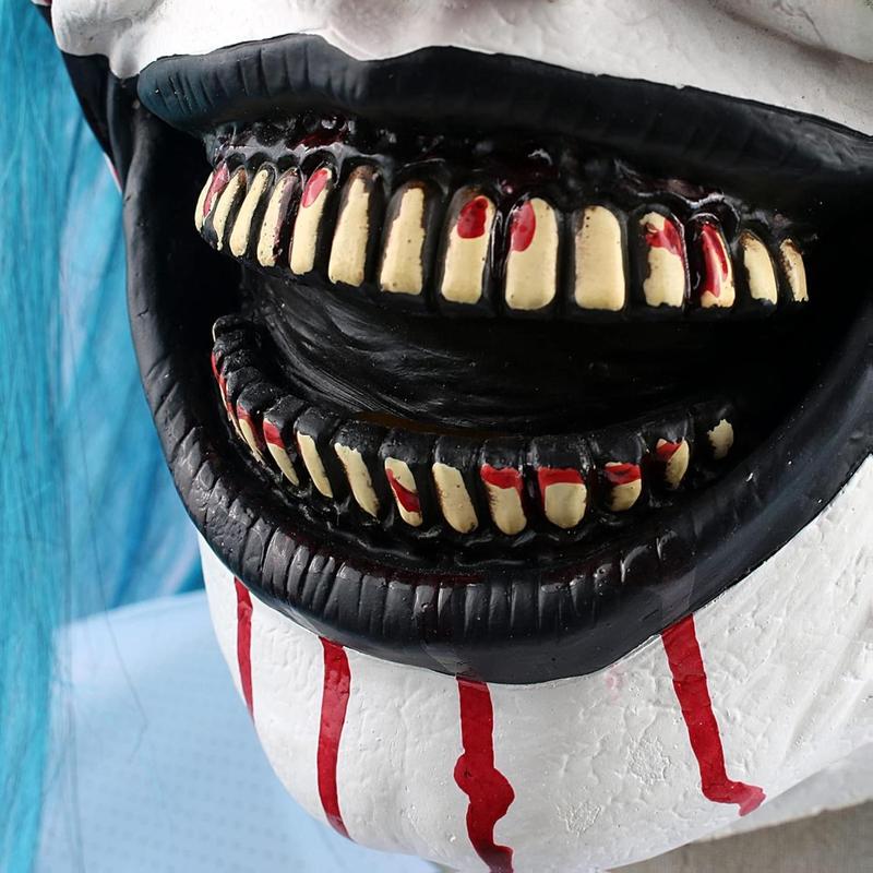 Scary Adult Clown Mask Masquerade Halloween Laughing Killer Joker Costume Prop with Blue Hair Latex Material for Mardi Gras and Costume Parties