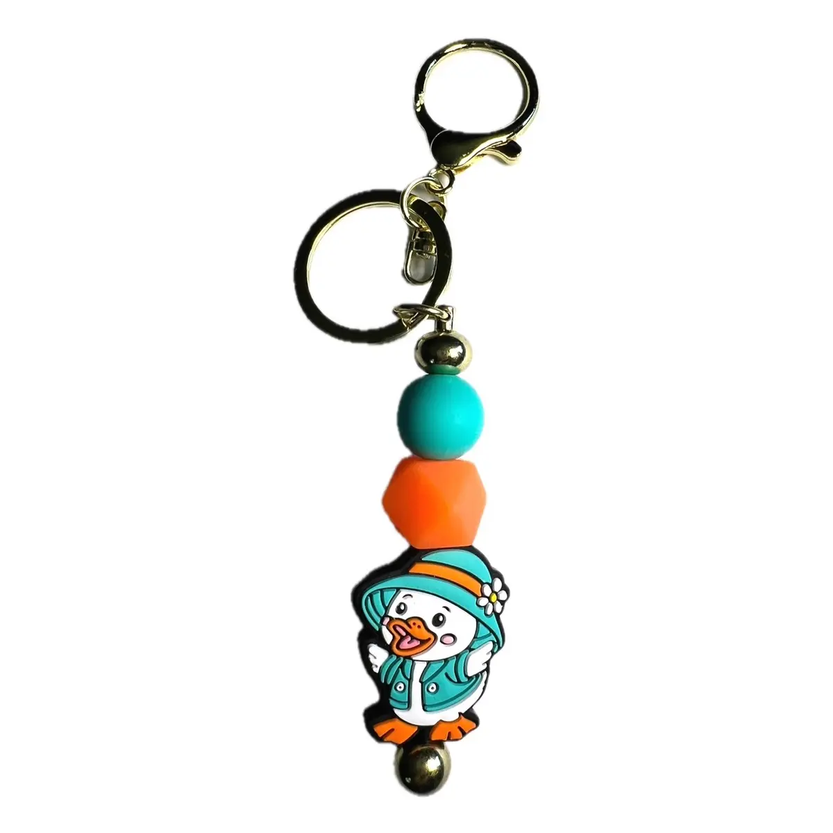 Teal and Orange Duckie Keychain with Golden Metal Clip