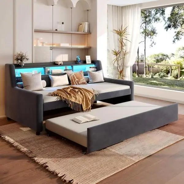 Twin Size Daybed with Trundle, Upholstery Daybed with LED Light & Charging Station, Velvet Day Bed with Wood and Metal Frame, No Box Spring Needed