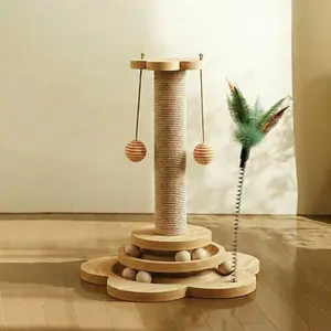 3-in-1 Cat Scratching Post with Roller Tracks | Natural Wood Interactive Cat Toy | Feather Teaser Wand for Indoor Cats, Sisal Scratching Posts, Vertical Scratcher