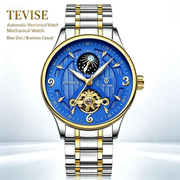 TEVISE Men's Luxury Skeleton Automatic Watch, 2-Tone Stainless Steel Strap with Clasp, Waterproof Mechanical Timepiece with Blue Dial & Moon Phase