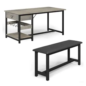 Garvee Grey Dining Table Set for 4 with Retro Style, Includes 3 Pieces: Table and Benches, Metal Frame and MDF Construction, Rustic Kitchen Table with Storage, Ideal for Small Spaces and Apartments