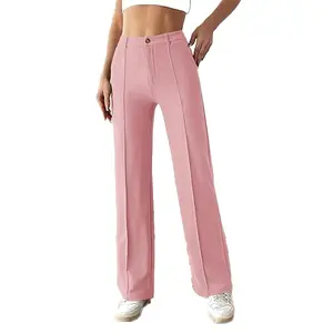 UNIQUEONE1 Women Business Formal Trousers Stretch Casual Button Work Pants High Waist Ruffle Comfortable Women Fashion New Style Bottoms Pink Womenswear