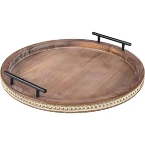 16 Inch Coffee Table Tray for Living Room, Beaded Round Wood Decorative Tray with Handles, Farmhouse Circle Trays for Kitchen Island Decor, Rustic Coffee Table Centerpiece Decor