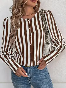 Fashion Striped Puff-Sleeve Blouse Shirts with Henley Neck, Curve Plus Size Slim-Fit Casual Tops Y2K Clothes Street Style Daily Office Wear Trendy Date Outfits Elegant Commute Wear
