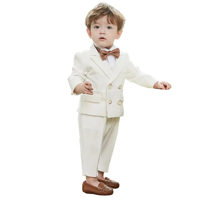 Boys' Korean Look White Casual Set, 3-Piece Double-Breasted Suit with Long Sleeve Shirt & Straight Pants, All-Season Party Outfit, Partyoutfit, All-Season Wear, Smart Casual, Polyvinyl Blend, Three-Piece Suit