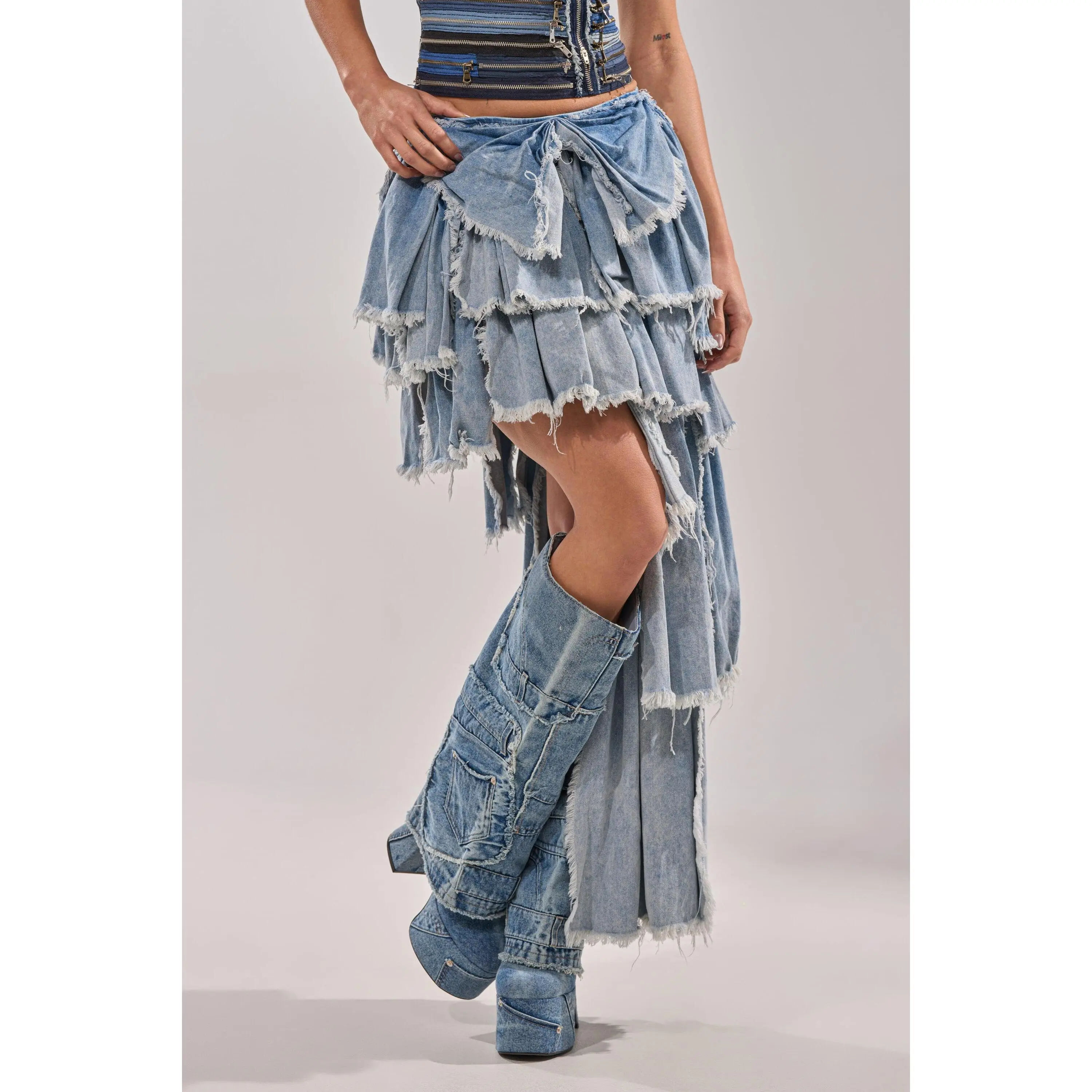 DISTRESSED TIERED ASYMMETRIC MIDI SKIRT
