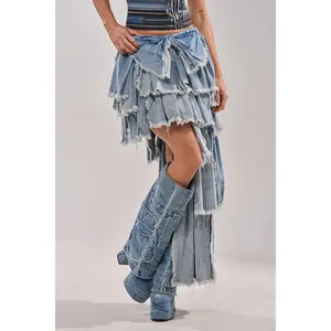 DISTRESSED TIERED ASYMMETRIC MIDI SKIRT