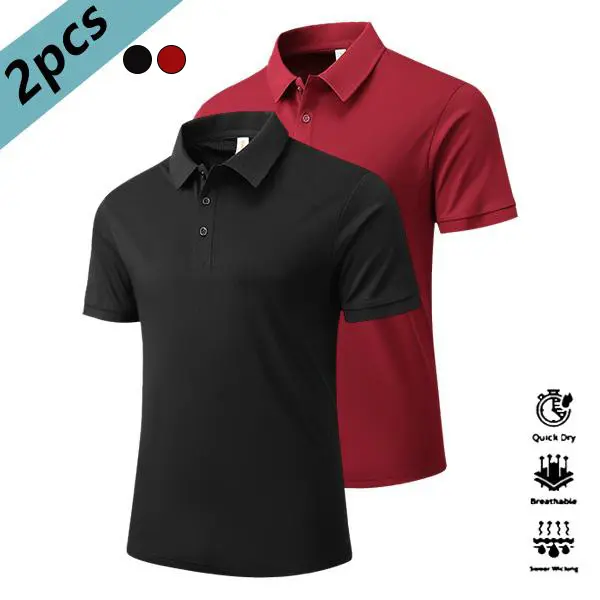 Men’s two-pack polo shirts, slim athletic fit, solid polyester fabric, quick-dry short sleeves, suitable for golf and fitness