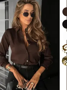 Women's Casual Elegant Solid Color Long Sleeve Shirt, Smooth Comfortable Breathable Fabric, Slim-Fitting Style, Spring & Fall All-Season Wear