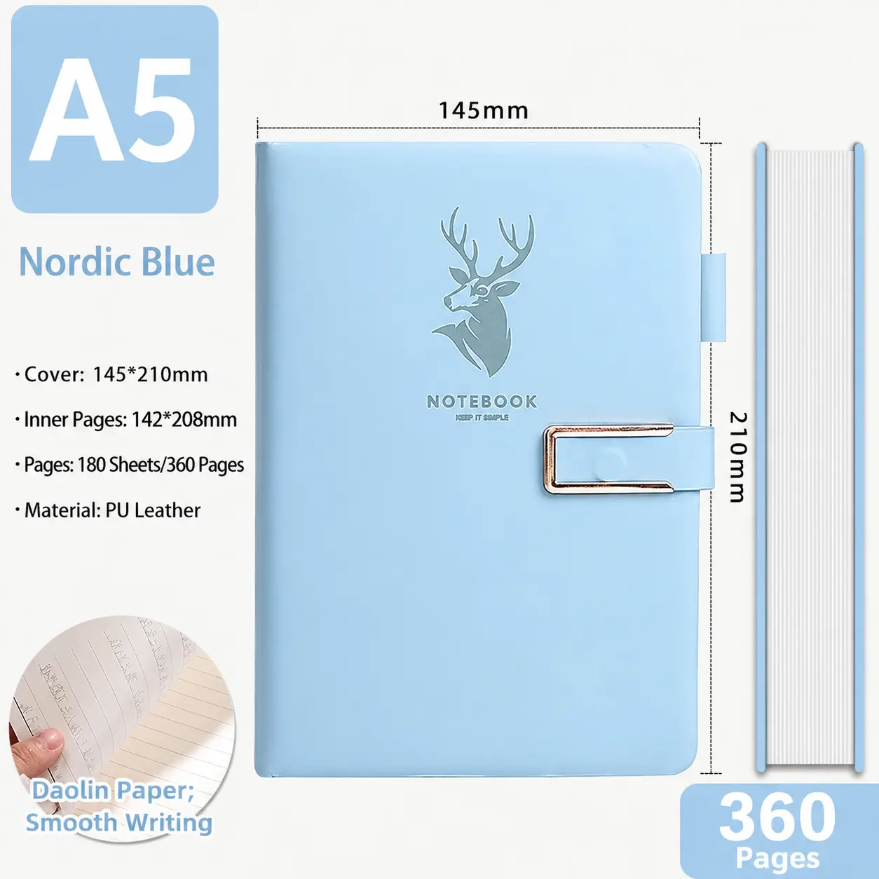 A5 Thick Aesthetic Notebook - Blue Deer Design, Skin-Feel Texture, Waterproof, Wear-Resistant, Eye-Protecting Slightly Yellow Paper, 360 Pages, Office Work Notebook
