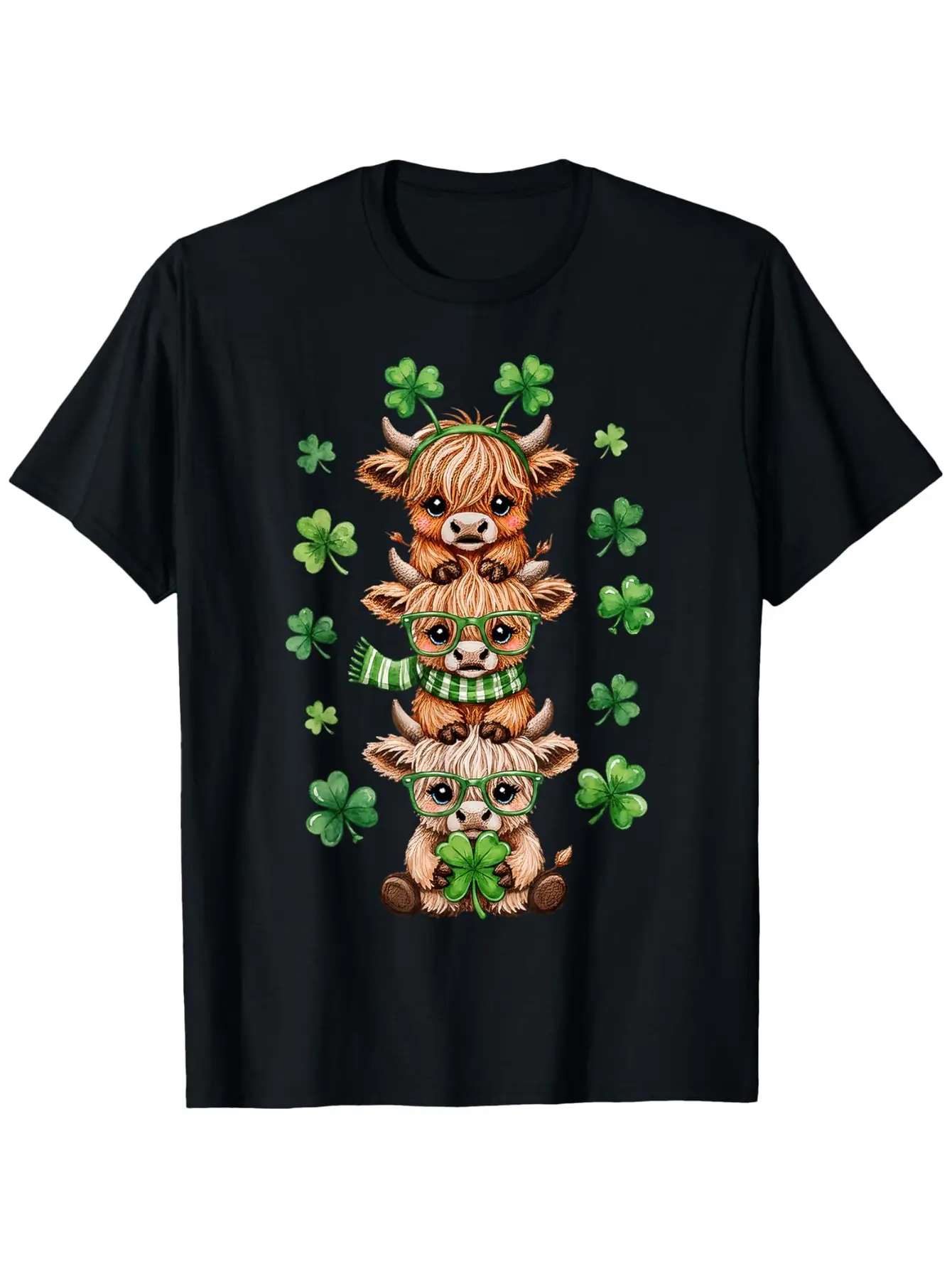 Cute Highland Cow Lucky Shamrock St Patrick'S Day Party T-Shirt |   Unisex, Casual Style, Loose Fit, Crew Neck, Slight Stretch Fabric, Perfect for Spring, Valentine'S Day, Graduation, Easter Gifts for Dad, Mom, Parents, Friends, Family, and Coworkers