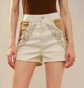Faux Leather Rhinestone and Pearl Stud Shorts
