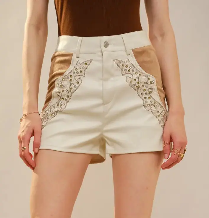 Faux Leather Rhinestone and Pearl Stud Shorts