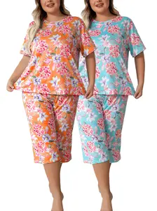 Women's Plus Size 99% Essential Silk Cream Pajama Set - Loose, Breathable, Extended-Length, Floral-Print Short-Sleeve Knee-Length Loungewear, All-Seasons Curvy Women's Comfortable Casual Nightwear (Sizes 1X-5X)