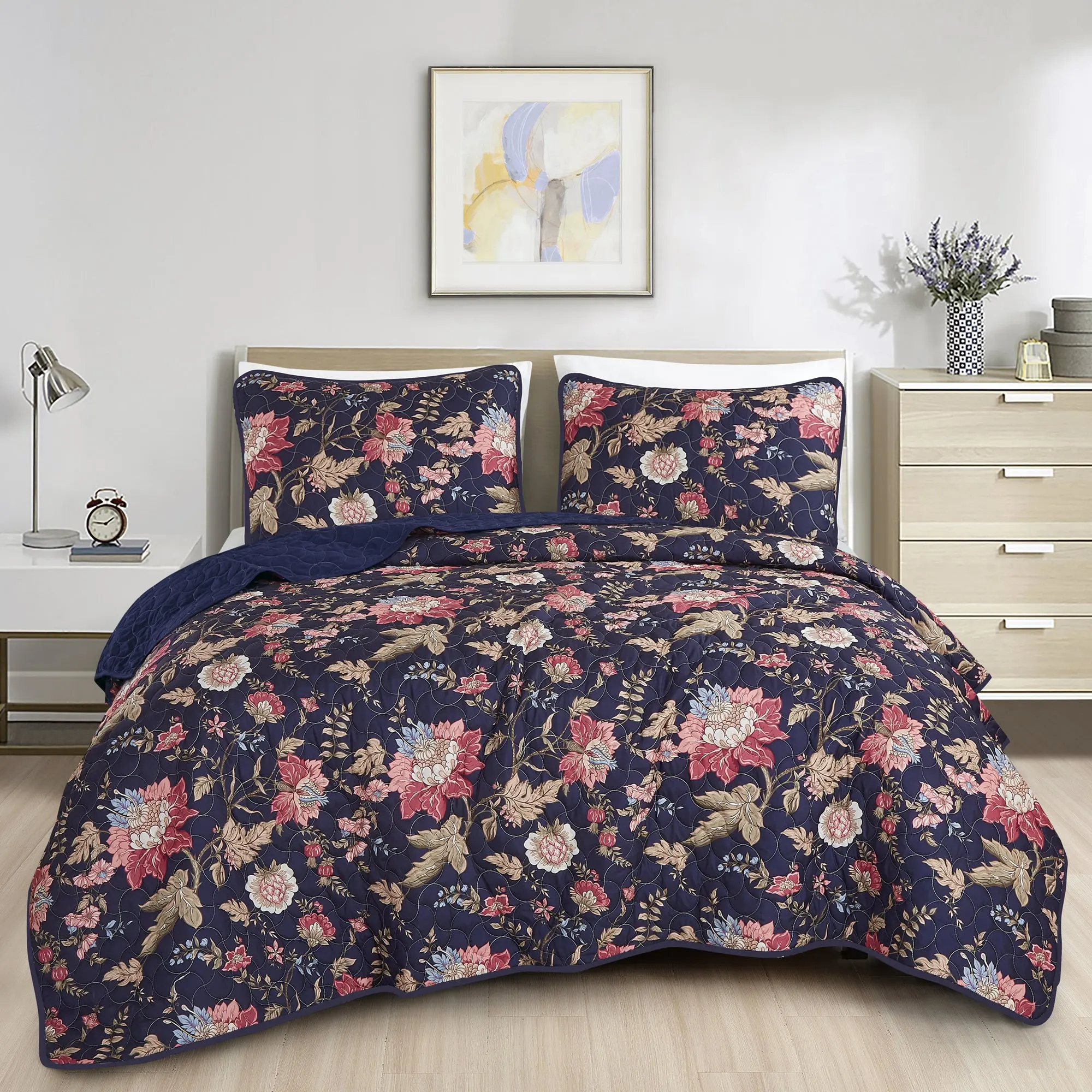 Soft Bedding Sets - Queen-King Size 3-Piece Polyester Vintage Floral Bedding with Flat Weave Plant Motifs, Rustic Look, Durable Year-Round Comfort, Machine Washable, Fade-Resist., Wrinkle Resistant