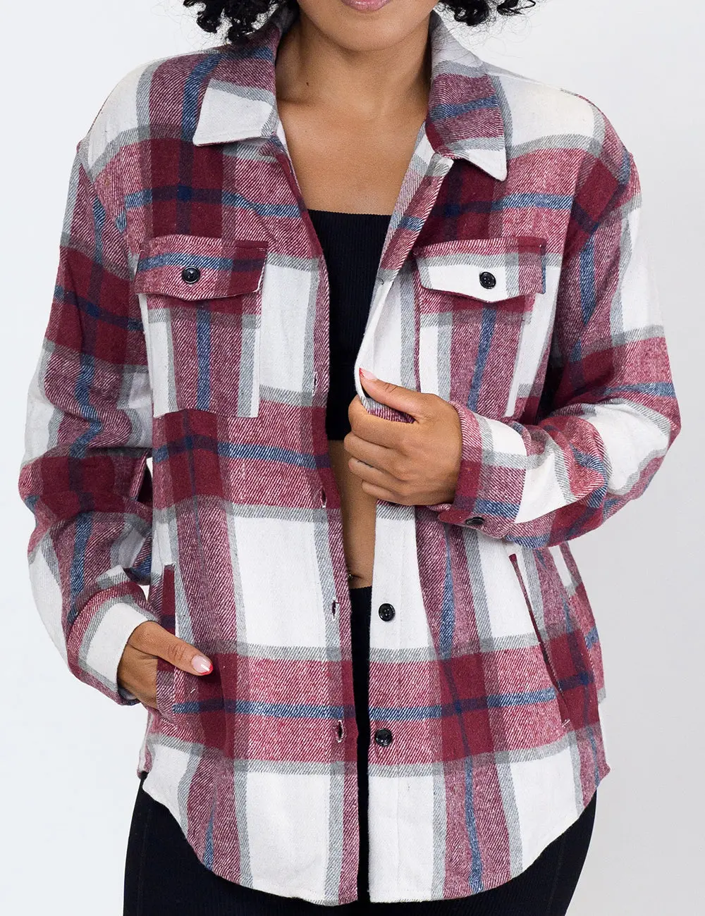 CVG Shacket Red Plaid Drop Shoulder Fitted Long Sleeve Collared Neck Casual Preppy Classic Autumn Winter Medium Length Outerwear with Pockets & Button Closure Jacket Coats