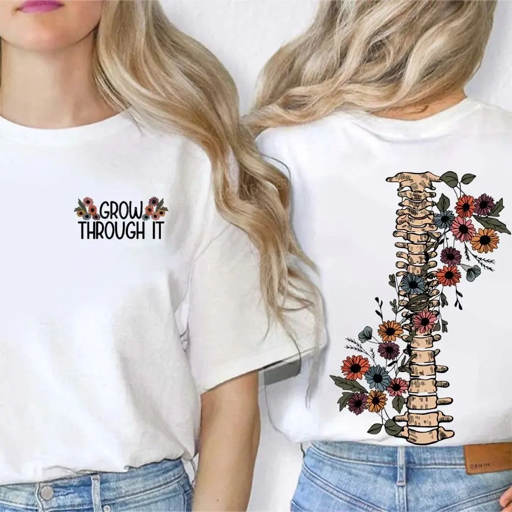Lady's Oversized Cotton Round Neck Short-Sleeve T-Shirt - Grow Through It Spine & Floral Graphic, Summer Casual Streetwear Aesthetic Top, Ideal Gift, Tshirt, Women's T Shirts