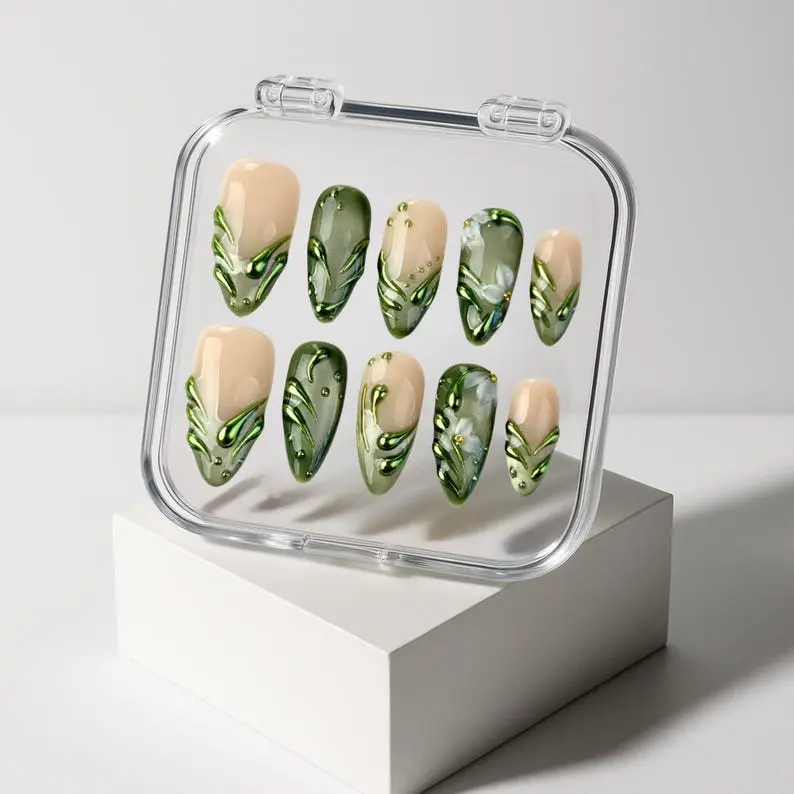 Emerald Luxe Nail Art | 3D Green Gold Gem Nail Art | Handmade Glamorous Luxury Nail Set | Elegant Encrusted Press Ons
