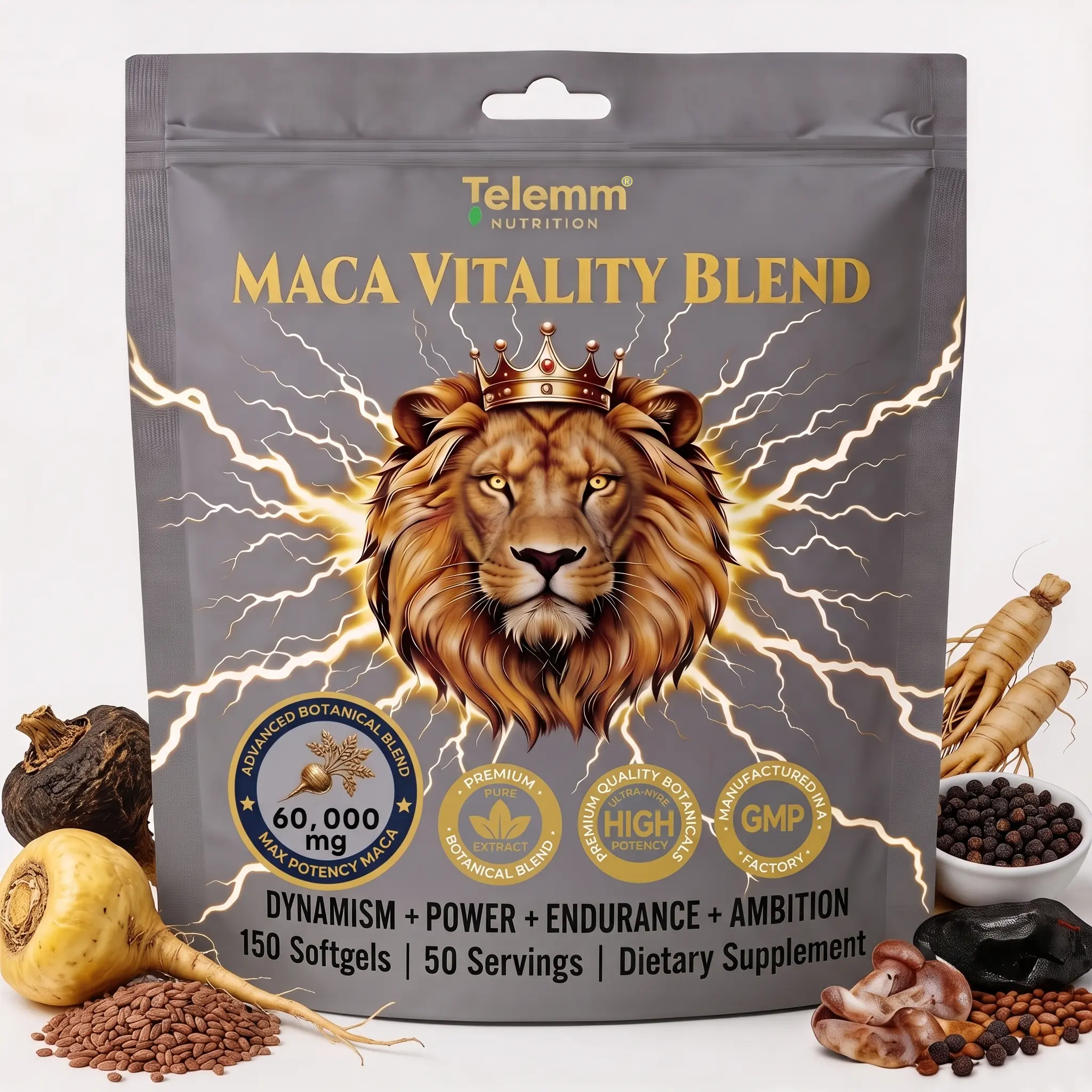 Telem Fresh Harvest Maca Softgels, 60000mg 3-Tone Maca Root Herbal Mix with Adaptogen Extracts, Caffeine-Free GMP Dietary Supplement, 150 Softgels (50-Day Supply), Allergen-Free Daily Plant Wellness Support for Adults