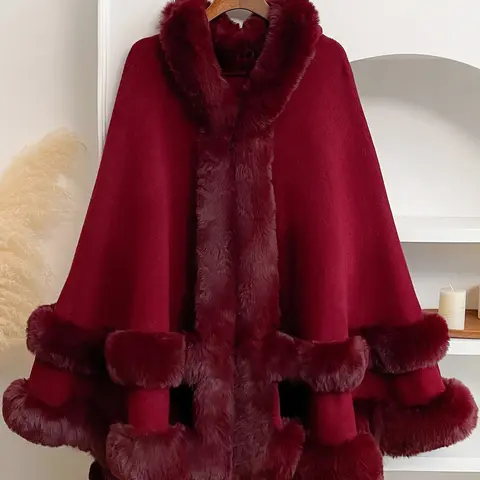 Luxury Faux Fur Hooded Cape Shawl, Fashion Shawl, Fitted, Boho Style Shawl, Bohemian, Warm and Comfortable, Ideal for Air-Conditioned Rooms, Perfect for Home and Parties, Fall & Winter