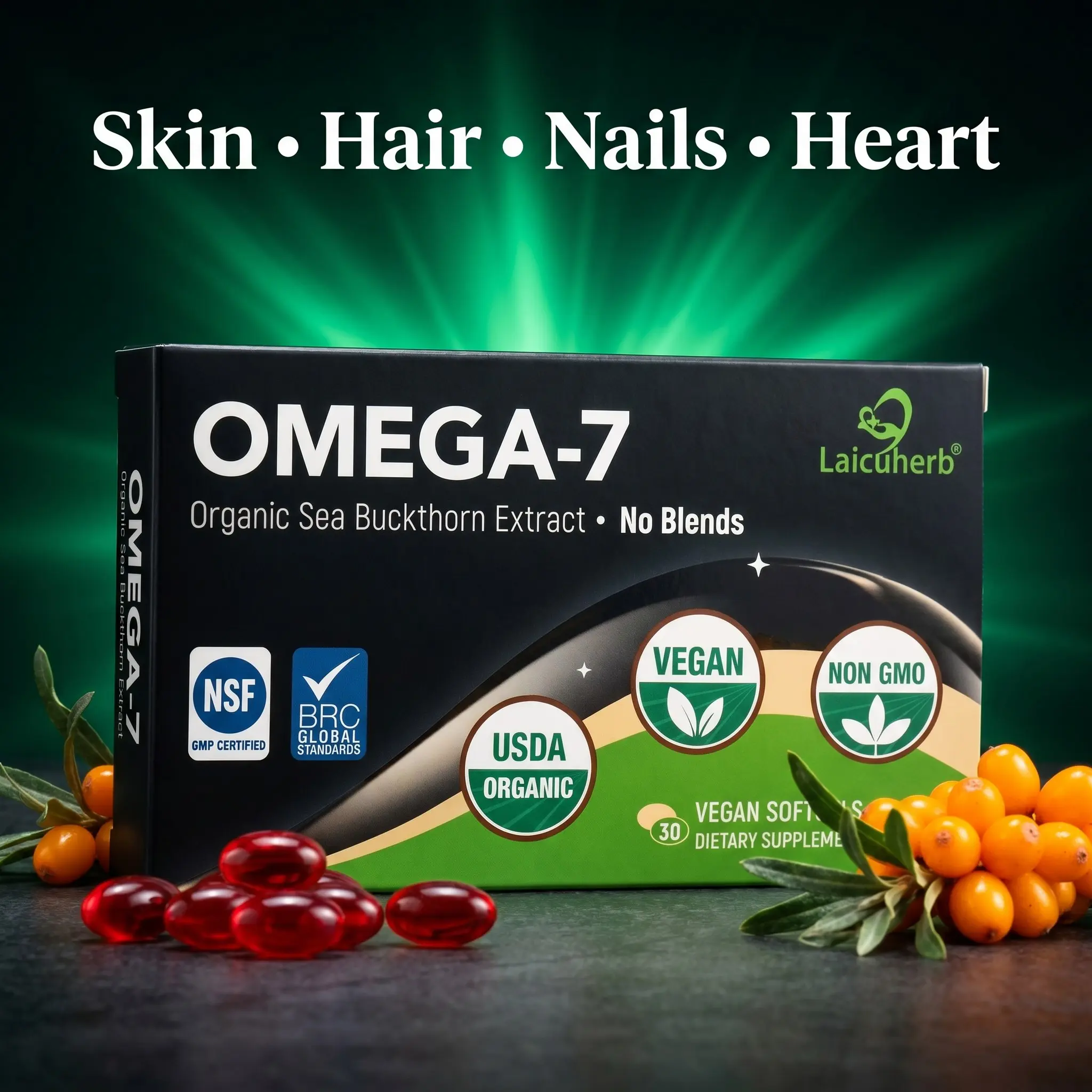 Organic Omega 7 Sea Buckthorn Oil Capsules 1000mg, Vegan Softgels with Omega 3 6 9 Fatty Acids, USDA Organic Plant Based Supplement for Skin Hydration, Hair, Nails and Daily Wellness Support, Clean Botanical Formula