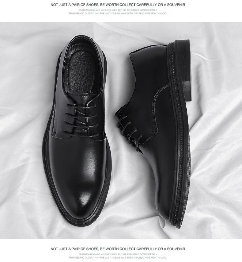 Men’s leather dress shoes for autumn, British style, low-cut black design suitable for commuting and business attire, pairs well with suits.