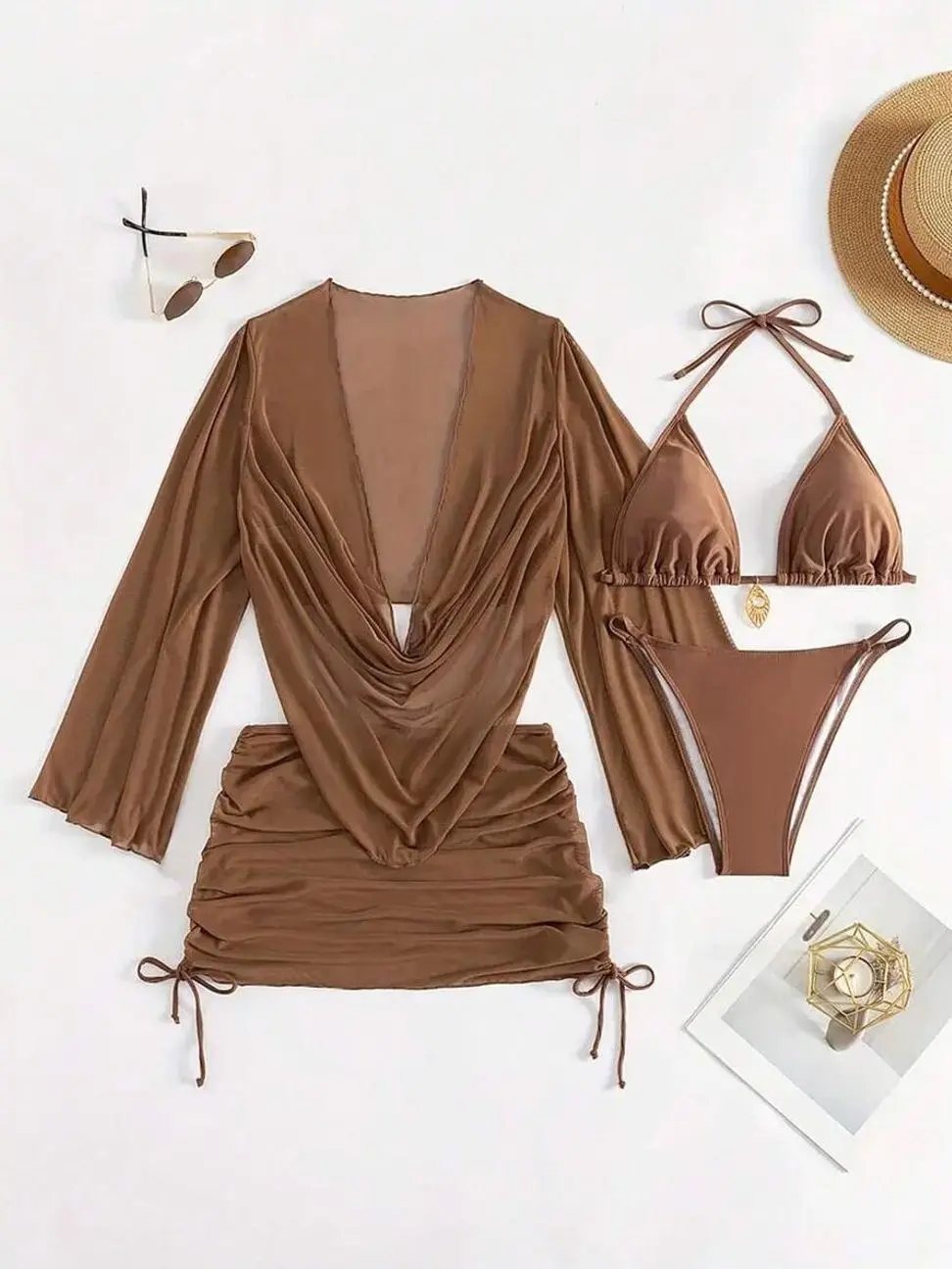 4-Piece Solid Bikini Set With Sheer Cover-Up, Elegant Swimwear for Beach Parties