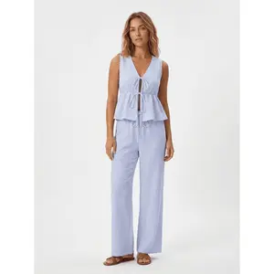 Cottagecore Gingham Co-ord Set, Women's V Neck Front Tie Peplum Blouse and Wide Leg Pants