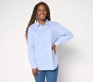 Susan Graver Petite Yarn Dyed Stretch Woven Poplin Shirt
