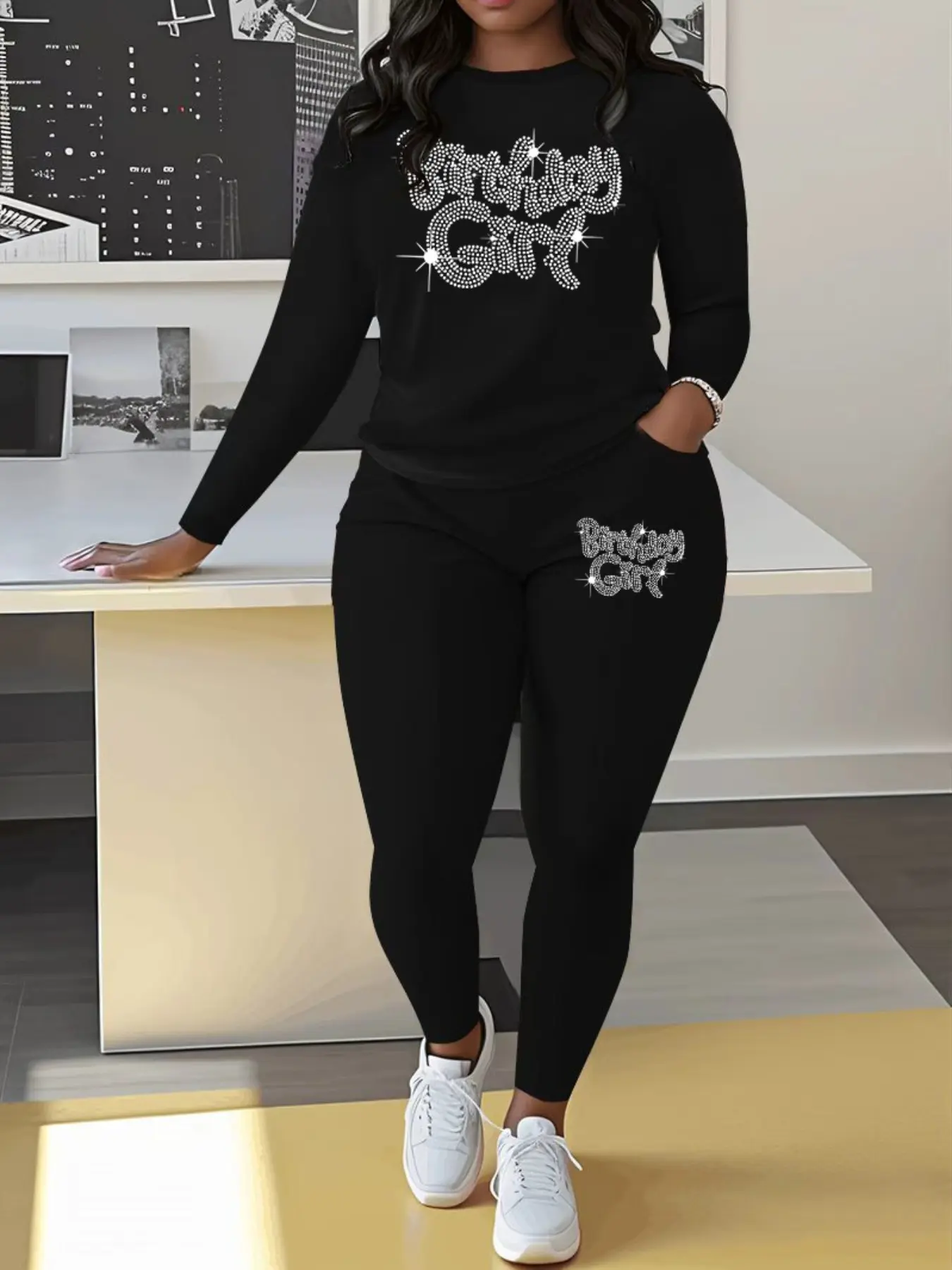 Women's Fashion Elegance Letter Print Long Sleeve Casual Pocket Jogger Pants Set, Fall Winter Fitted Plus Size Two-Piece Womenswear