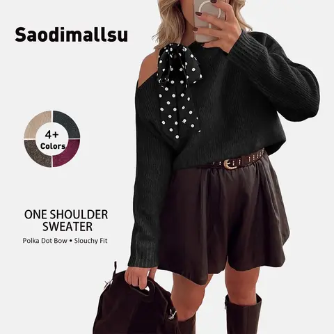 Saodimallsu Women's 1-Shoulder Polka Dot Bow Knitting Sweater - Medium Length, Casual Chic Blended Knit Tops for Women, Basic Minimalist Pullovers