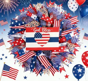250th Anniversary Patriotic Wreaths for Front Door, 24 Inch Large Full Layered & Pre-Lit Design 4th of July Decorations with Burlap Bow, Red White and Blue Ribbon Wreath for Memorial Day Ornaments Hangable