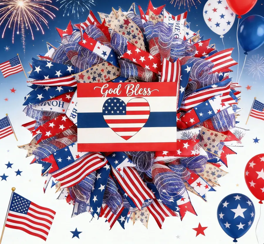 Planar Decoration Patriotic Independence Day Wreath - National Flag Themed Front Door Decoration Hanging